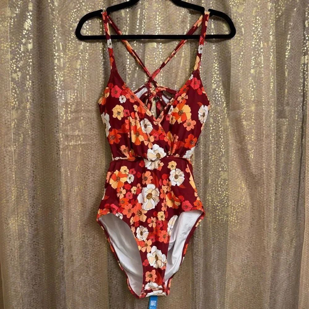 Cupshe Red Orange Floral Olivia Cut Out Tie Back One Piece Swimsuit XL NWT